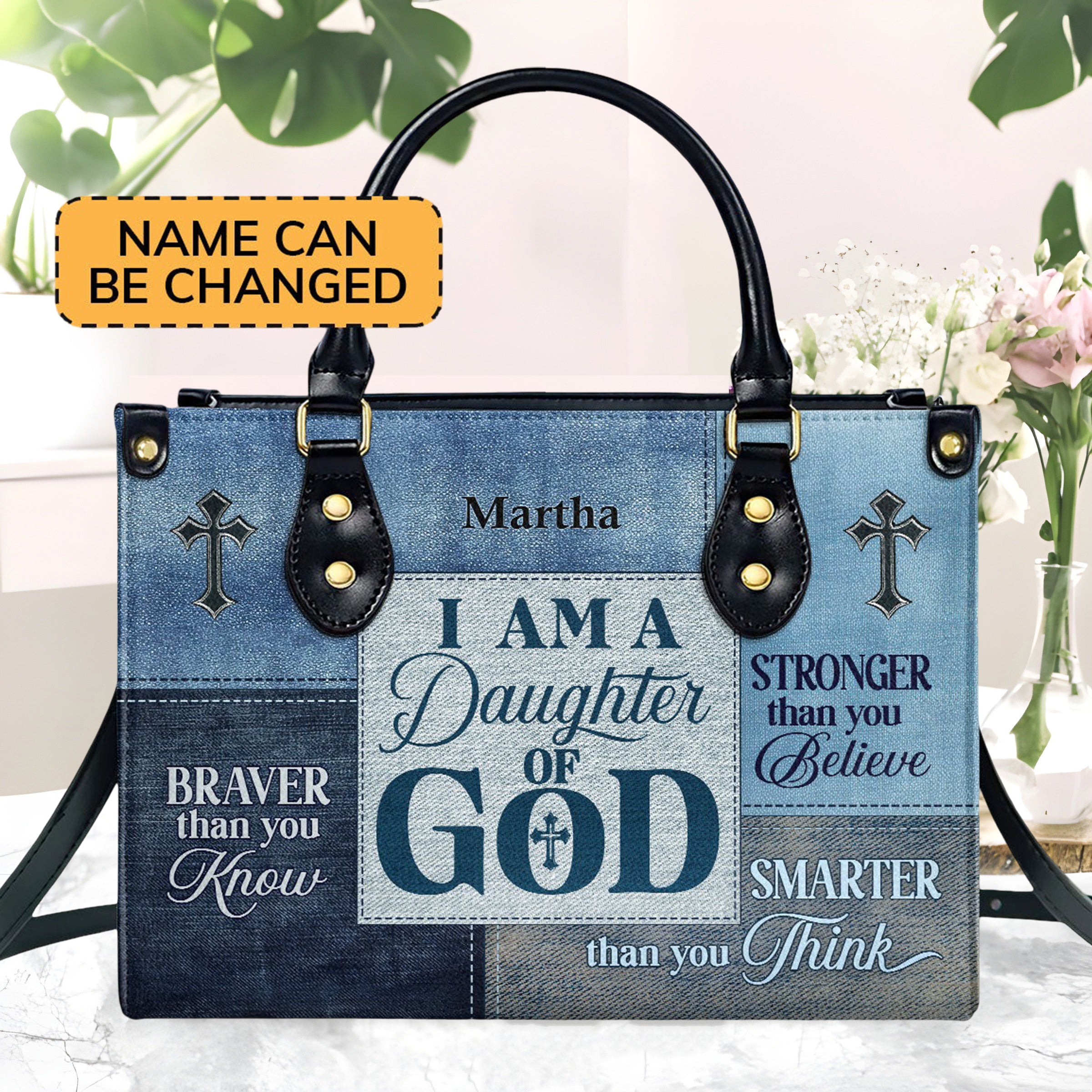 Personalized Christian Leather Handbag, Daughter of God Purse, Custom Name Faith Tote Bag โ Religious Gift for Women BLAF26
